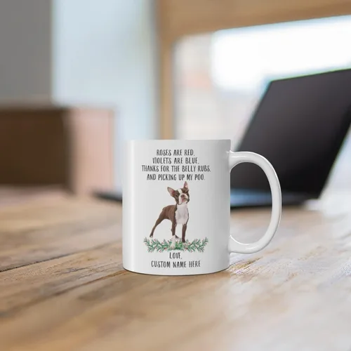 Vista 6 de Regalos divertidos para los amantes de las mascotas Boston Terrier White Borwn con nombre personalizado Roses Are Red Violets Are Blue Dog Christmas