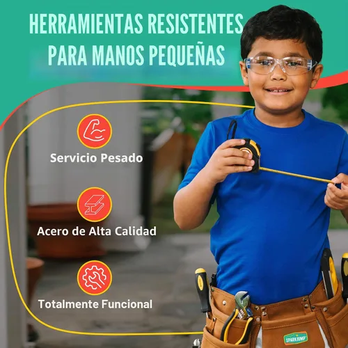 Vista 3 de SparkJump Juego de herramientas de lujo para niños, herramientas reales con cinturón de herramientas de cuero y caja de herramientas, kit de Marrón