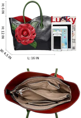 Vista 4 de PIJUSHI Bolsos y bolsos de mano de cuero genuino de diseñador para mujer con asa superior, bolso de mano de flores con cartera de cuero para mujer