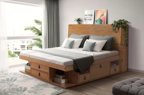 Vista 28 de Memomad Bali Set: Plataforma de almacenamiento con cajones + Cabecera con estantería (Tamaño individual, madera color marrón caramelo)