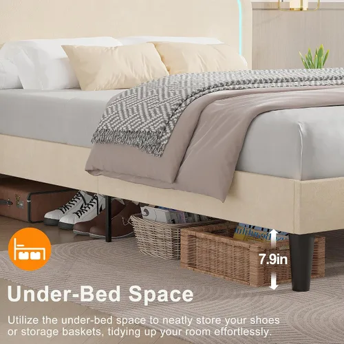 Vista 5 de VECELO Base de cama tapizada tamaño Queen con cabecero ajustable, luces LED, USB-A y tipo C, plataforma de terciopelo sin ruido, base de colchón