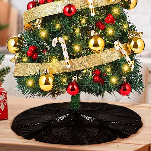 Vista 22 de ShinyBeauty Falda de árbol de Navidad rosa claro de 24 pulgadas, falda de lentejuelas para lápices/mini árboles, cubierta navideña para Año Nuevo
