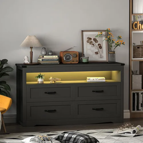 Vista 6 de Cómoda negra para dormitorio con 4 cajones, cómoda negra y cómoda, cajones de almacenamiento anchos de madera moderna con luces LED para armario