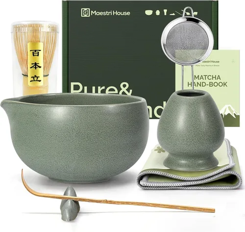Vista 10 de Maestri House Juego de Batidores de Matcha, Kit Completo de Matcha de 7 Piezas con Cuenco de Cerámica con Boquilla, Batidor y Soporte de Bambú