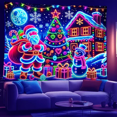 Vista 22 de NYZE - Tapiz de Navidad con Papá Noel, tapiz de luz negra que brilla en la oscuridad, colgante de pared, banner festivo, decoración para fiesta