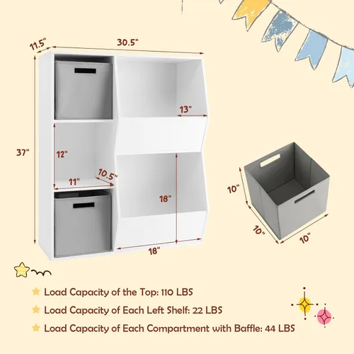 Vista 3 de HONEY JOY Organizador de almacenamiento de juguetes para niños con 5 cubículos, estantería y estantería para niños con 2 cajas de almacenamiento