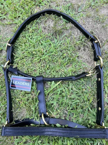 Vista 6 de Leaders - Cabestro de cuero para caballos con placa de nombre grabada personalizada, cabestro para caballo, negro/latón