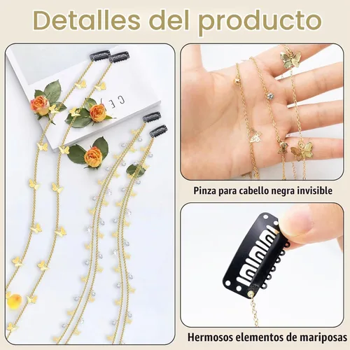 Vista 3 de 4 cadenas trenzadas de cabello de mariposas, joyas para el cabello con diamantes de imitación, pinzas para el cabello de mariposas, accesorios