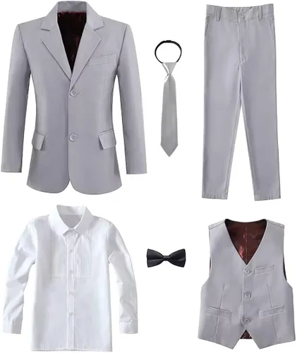 Vista 2 de Yanlu Conjunto de trajes formales de esmoquin para niños pequeños, color azul, negro, ajustado, para bodas