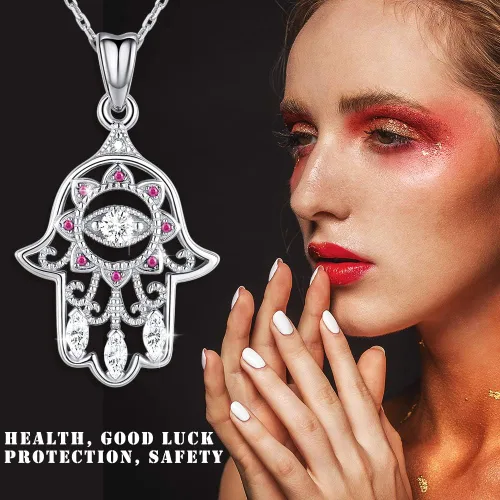 Vista 2 de Aniu Joyería de plata de ley 925 Hamsa de Fátima para mujer con circonita cúbica, viene con caja de regalo negra