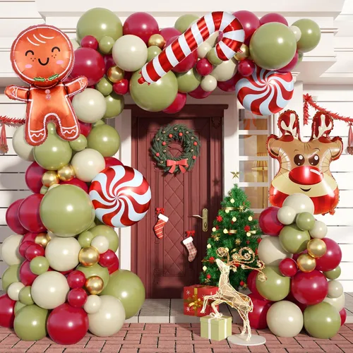 Vista 13 de Kit de Guirnalda de Globos de Navidad, 108 Piezas Globos Retro Verde Oscuro Rojo Oro Arco con Globos 4D, Globos de Caramelo en Forma de Bastón
