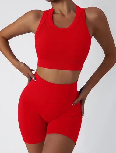 Vista 75 de Conjuntos de entrenamiento para mujer, 2 piezas, sin costuras, acanalada, sin mangas, brasier deportivo, cintura alta, pantalones cortos