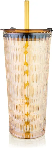Vista 9 de Puraville Vaso de vidrio de 18 onzas con tapa y pajilla, cristalería gruesa con patrón de diamante vintage para whisky, cóctel, cerveza, vaso