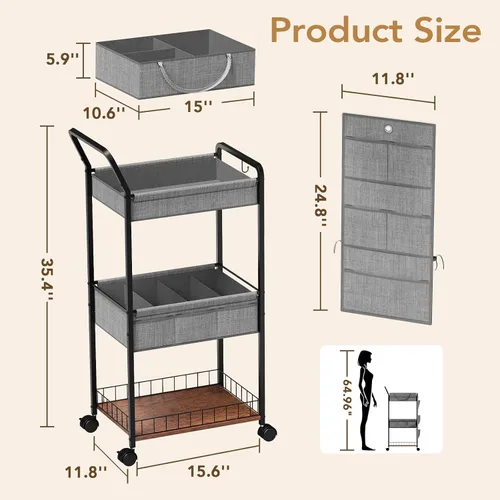 Vista 2 de BBLIKE Organizador de pañales de 3 niveles – Carrito de bebé utilitario rodante con cesta y bolsillos laterales para guardería y artículos
