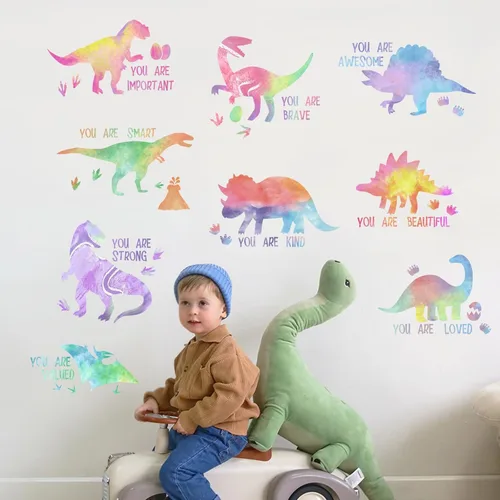 Vista 3 de Yovkky Calcomanías inspiradoras de pared de dinosaurio degradado pastel, con cita motivacional de dinosaurio, decoración neutra para guardería
