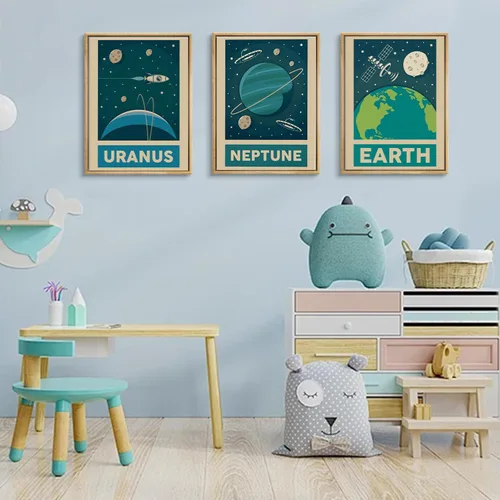 Vista 5 de 9 piezas de arte de pared retro del sistema solar para cuarto de niños, imágenes espaciales retroespaciales, galaxia, decoración de pared, pinturas