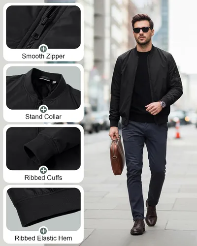Vista 5 de 33,000ft Chaqueta bomber para hombre, impermeable, con cremallera, acolchada, ligera, cálida, casual, primavera, otoño e invierno Negro