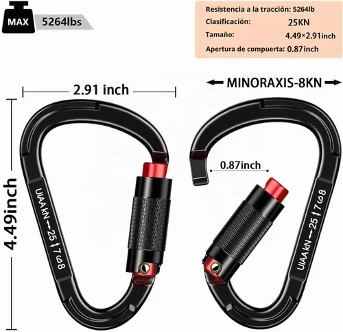 Vista 2 de Mosquetón de bloqueo automático, mosquetón resistente de 25 kN UIAA, mosquetón de escalada certificado por UIAA, mosquetones de seguridad