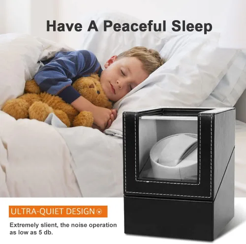 Vista 3 de Bobinadora automática de un solo reloj con motor japonés silencioso, en carcasa de madera y cuero negro, adaptador de CA o funciona