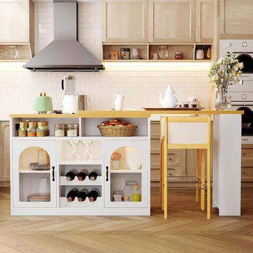 Vista 19 de RUNNA Isla de cocina acanalada de 82.6 pulgadas con mesa de comedor extensible para 4-6, mesa de isla para cocina con toma de corriente, mesa