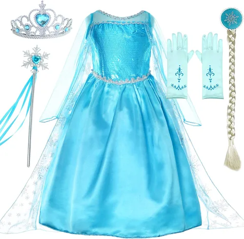 Vista 5 de Princess Dress Up Costumes For Little Girls Birthday Party with Wig,Crown,Mace,Gloves Accessories 3-10 Years