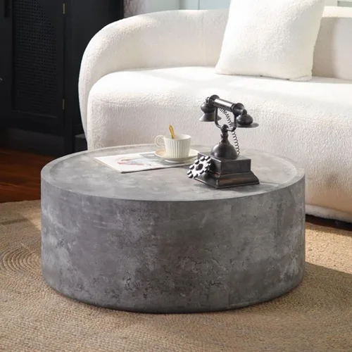 Vista 3 de SSLine Juego de 2 mesas de café modernas de tambor gris piedra con mesa de centro redonda de 31.5 pulgadas y mesa auxiliar para sala de estar Gris