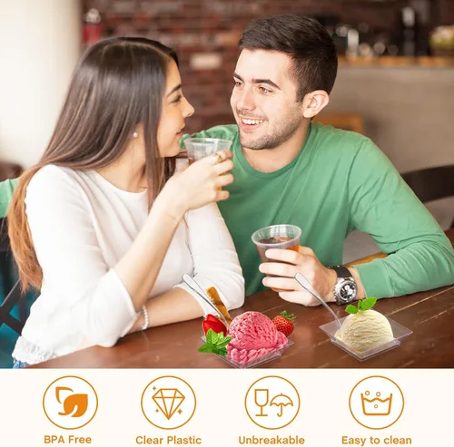 Vista 2 de 300 piezas de mini platos de postre de plástico transparente para aperitivos, plato desechable pequeño con 300 cucharas de degustación, cuadrado, 1
