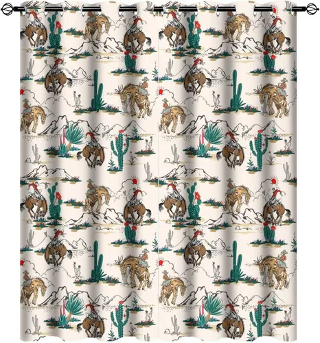 Vista 35 de Cortinas opacas retro de vaquero occidental para dormitorio, estilo rústico, cactus, salvaje oeste, vaquero, paseo, caballo, con ojales, aislamiento