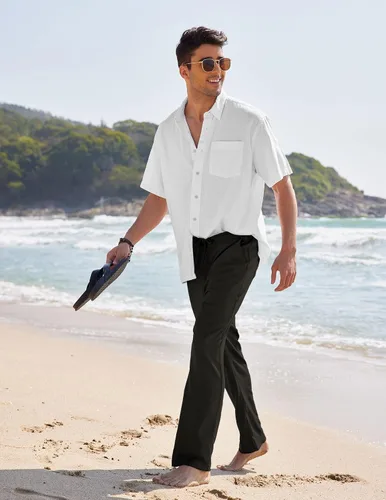 Vista 2 de COOFANDY Pantalones casuales de lino para hombre, cintura elástica, con cordón, pantalones de playa, ligeros, holgados, con bolsillos