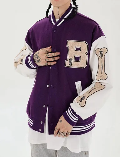 Vista 4 de babyhealthy Chaqueta universitaria para hombre, chaqueta universitaria de cuero cosido, unisex, ropa de calle, abrigos vintage con parche