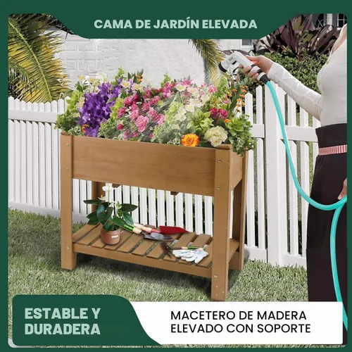 Vista 5 de Cama de jardín elevada para exteriores, jardineras de madera con patas forro protector y agujeros de drenaje, macizos de flores elevados para jardín