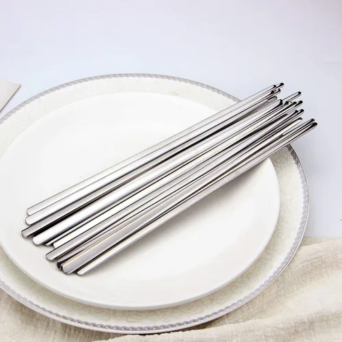 Vista 9 de IQCWOOD - Palillos de metal, 10 pares de palillos planos de acero inoxidable, palillos de metal reutilizables de alta calidad, 8.66 pulgadas