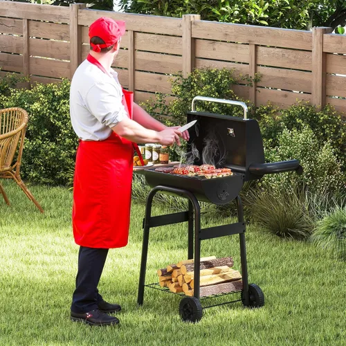 Vista 9 de Happygrill Barrel Charcoal Grill con mesa auxiliar plegable y 2 ruedas