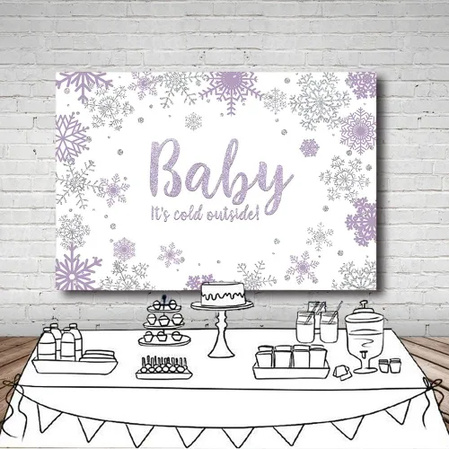 Vista 4 de MEHOFOND Fondo de fotos de baby shower de invierno para niña, accesorios de fondo de copos de nieve morados y plateados, decoración de fiesta