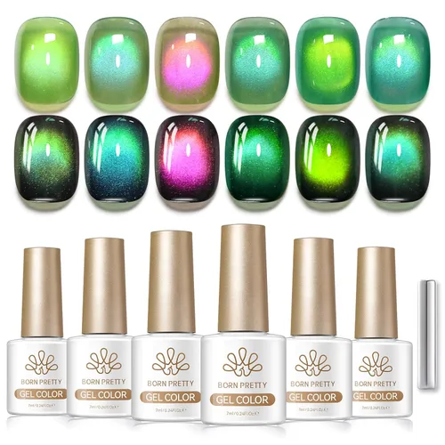 Vista 6 de Born Pretty Esmalte de uñas de gel magnético de ojos de gato verde, 6 colores brillantes con purpurina de cristal holográfico, salvia, oliva