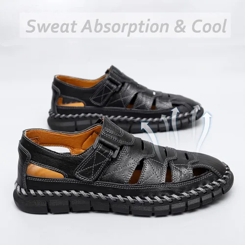 Vista 5 de MAIZUN Sandalias de cuero para hombre con puntera cerrada, zapatos de pescador de playa, sandalias deportivas de verano al aire libre
