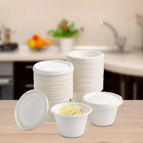 Vista 5 de SOUJOY Paquete de 100 vasos desechables con tapas, taza de helado compostable de bagazo de 4.5 onzas, recipiente pequeño de muestra de condimentos