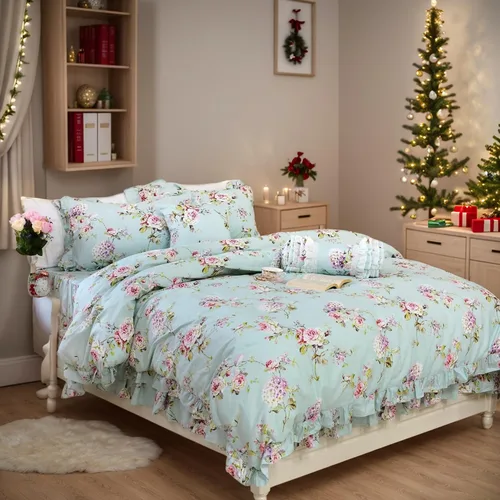 Vista 2 de FADFAY Juego de ropa de cama de algodón desgastado floral tamaño Queen 4 piezas en color azul claro con estampado de hortensias, estilo francés