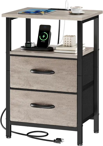 Vista 19 de Vagusicc Nightstand with Charging Station, End Table Bedside Table with 2 Fabric Drawers, Black Night Stand with USB Ports & Outlets, 24.2" Tall Bed
