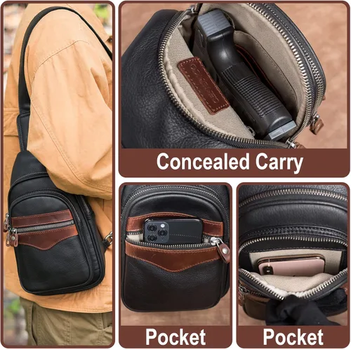 Vista 6 de CENUNCO Bolso bandolera de cuero genuino para hombres y mujeres, mochila cruzada oculta en el pecho, bolsa de viaje antirrobo, Negro -, Bolsa