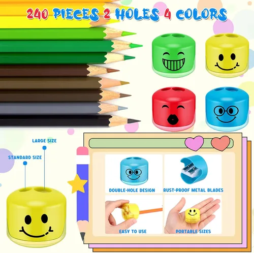 Vista 4 de Crtiin 240 sacapuntas de dibujos animados sonrisa pequeña sacapuntas manual manual de mano con doble agujero, regalos para Navidad, oficina, sala