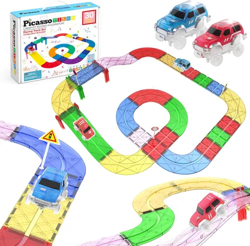 Vista 10 de PicassoTiles Azulejos Magnéticos de Construcción Pista de Autos Vehículo Magnético Tema de Aventura Calle Impresa Carretera Pista Autopista Bloque