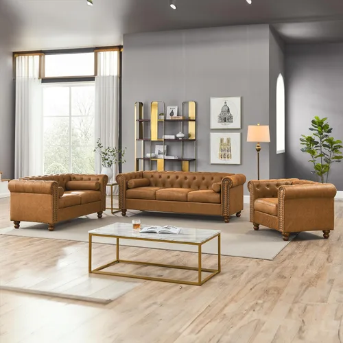 Vista 3 de Juego de 2 piezas Air Leather Chesterfield para sala de estar, sofá y silla Marrón