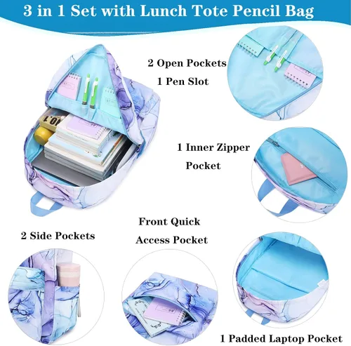 Vista 5 de Dafelile Mochilas escolares para niños y niñas, mochila para escuela primaria, mochilas para niños y niñas, resistentes al agua, azul Marble