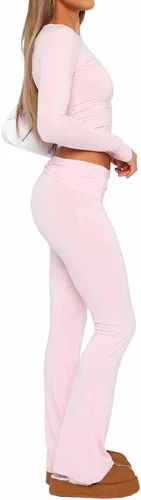 Vista 5 de Leggings acampanados para mujer, casuales, suaves, ajustados, doblados sobre la cintura, pantalones de yoga