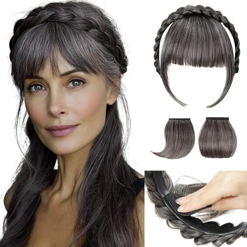 Vista 8 de SARLA Diadema trenzada con 3 flequillos desmontables con clips, extensiones de cabello con flequillo para mujer, banda de cabello sintética falsa