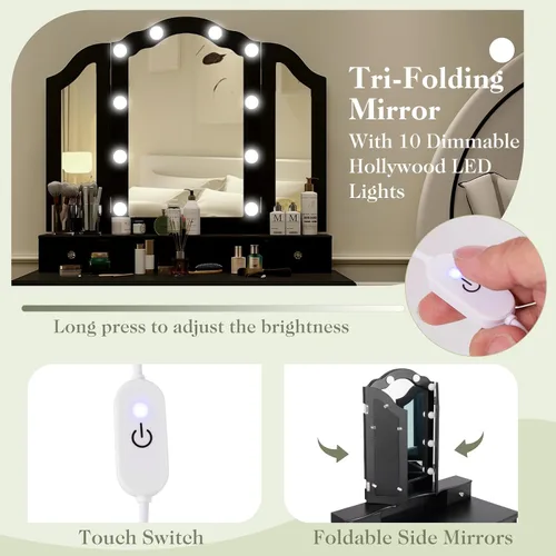 Vista 4 de CHARMAID Escritorio de tocador con luces – Mesa de tocador de maquillaje con espejo de tres pliegues, 10 luces LED Hollywood ajustables, 4 cajones