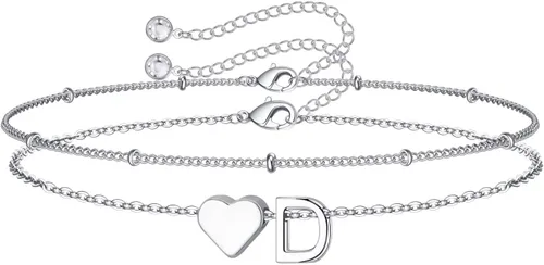 Vista 10 de M MOOHAM Pulseras de oro con inicial de corazón para mujer, pulseras con dije de letra A-Z de corazón dorado en capas para mujer, pulseras
