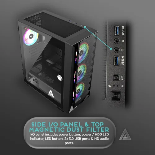 Vista 5 de Apevia Destiny-MESH-BK Destiny Mesh Carcasa para PC Gaming de Torre Media con 4 ventiladores ARGB de 120 mm, 366 modos de luz RGB, 1 panel frontal