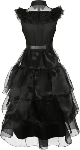 Vista 3 de Wednesday Addams - Vestido de disfraz para fiesta de cosplay, en capas, largo negro